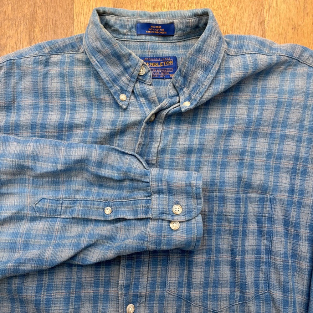 Vintage Pendleton Boho Cottage Style 100% Cotton Blue Plaid Button Down Flannel